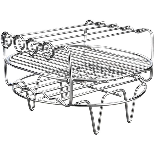 Air Fryer Accessories, Set of 2 Multi-purpose Stainless Steel Air Fryer Rack, 8 Inch Round Double Layer Rack with 4 Skewers Fits all 5.2QT - 5.8QT