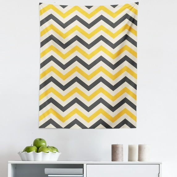 Yellow Chevron Tapestry, Large Zigzags in Retro Design Geometrical Horizontal Tile, Fabric Wall Hanging Decor for Bedroom Living Room Dorm, 5 Sizes, Charcoal Grey Yellow, by Ambesonne