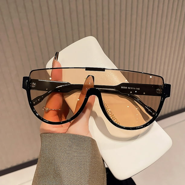Gafas de sol modernas con montura grande y lentes integradas para mujer, gafas de sol con máscaras para fotos callejeras marrones que adelgazan para hombres
