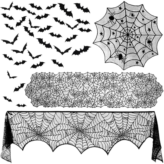 CQHVKQ 39PCS Halloween Decorations Set, 3D Bat Wall Stickers, Lace Tablecloths, Fireplace Spider Web, Halloween Black Tablecloths & Runner, Black Spider Web Table Decoration for Halloween Party
