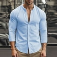 thumbnail image 2 of LNWUY Men's Solid Casual Cotton Linen Shirts Comfortable and Breathable Long Sleeve Button down Shirt Band Collar Beach Shirts Light Blue XXL, 2 of 9