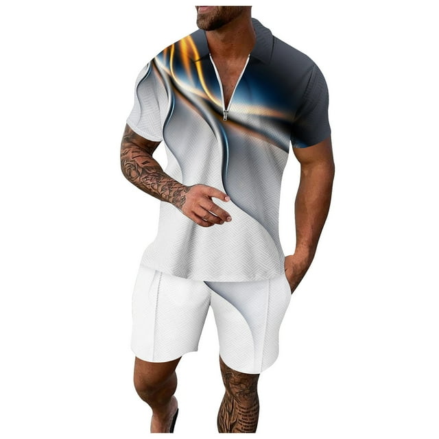Men's Casual Striped Print Two Piece Suit Set with Zipper Short Sleeve Top and Drawstring Pocket Shorts