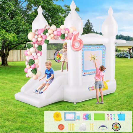 Adnoom White Bounce House for Kids 3-8 Inflatable Bouncer with Slide Balloon Dart Target Set Basketball & Blower Indoor & Outdoor Bouncy Castle for Wedding Party Toddlers Kids Birthday Party