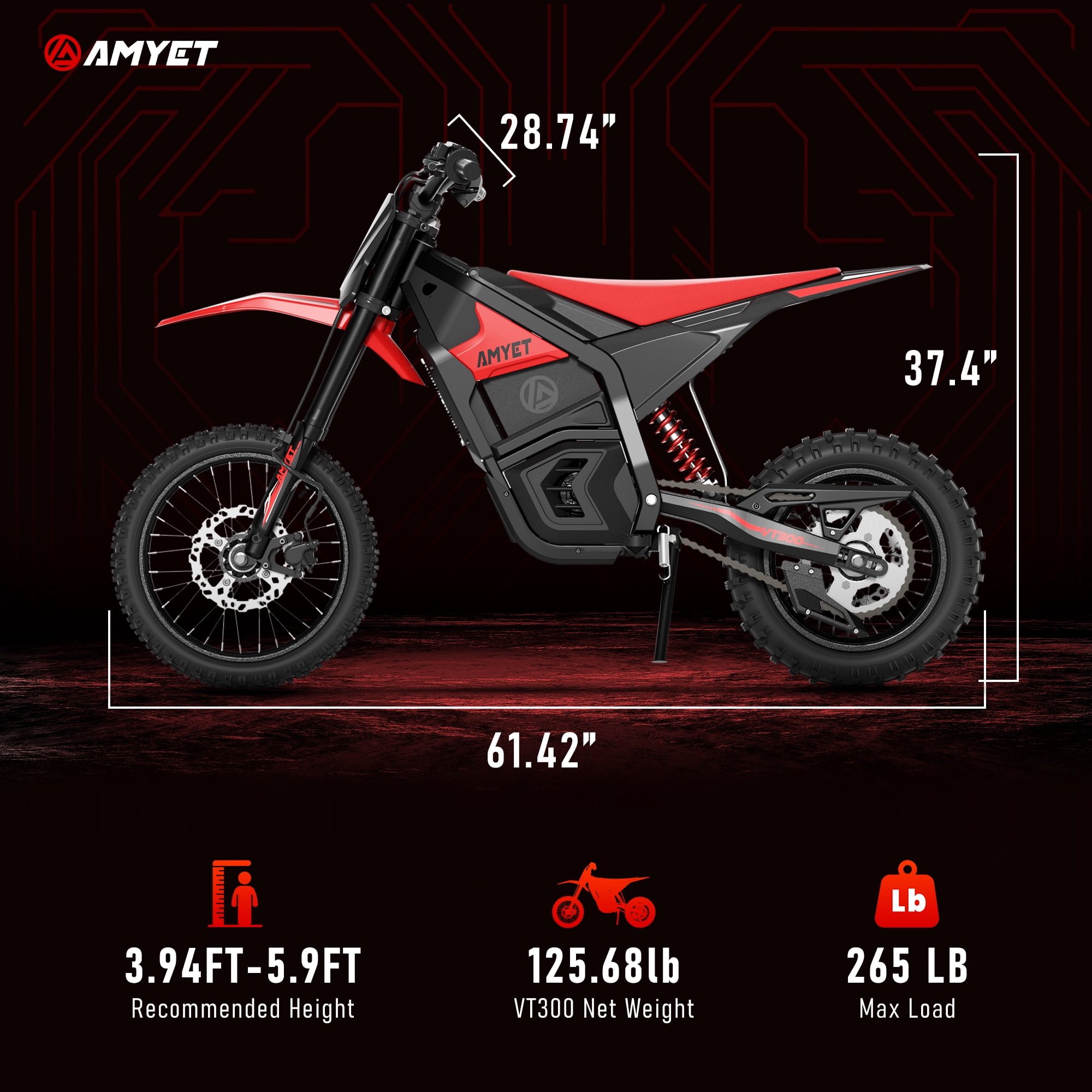 AMYET VT300 Electric Dirt Bike 3000W Peak Mid-Drive Motor, 40 MPH Electric Dirt Bike for Adults & Teens, 48V 23.4Ah Battery, 14"/12" Off-Road Fat Tire Electric Motorcycle