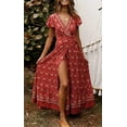 thumbnail image 2 of Women's Bohemian Floral Printed Wrap V Neck Short Sleeve Split Beach Party Maxi Dress, 2 of 8
