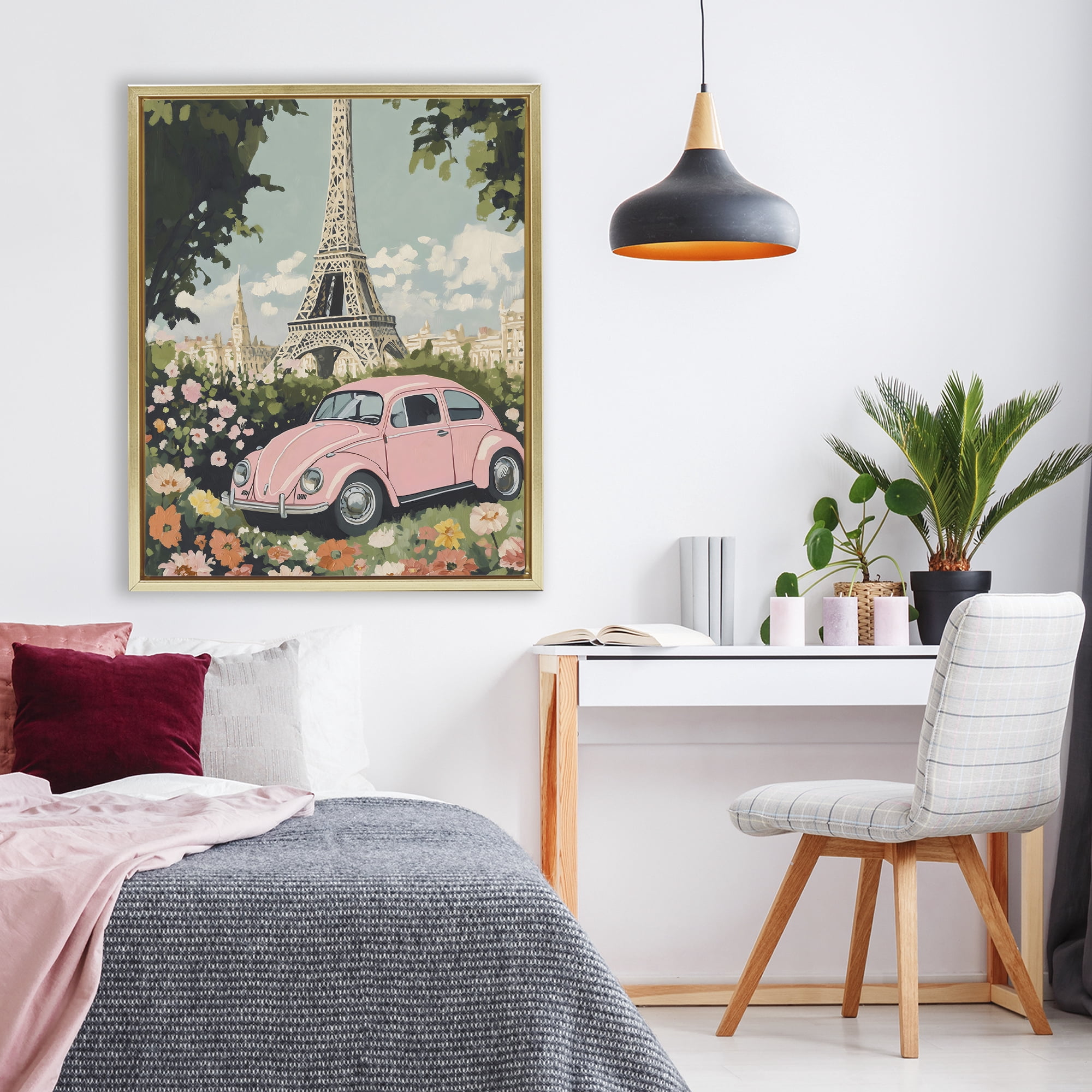 Stupell Industries Paris Pink Car in Bloom Gold Framed Floater Canvas Wall Art, design by The Prints Vibe