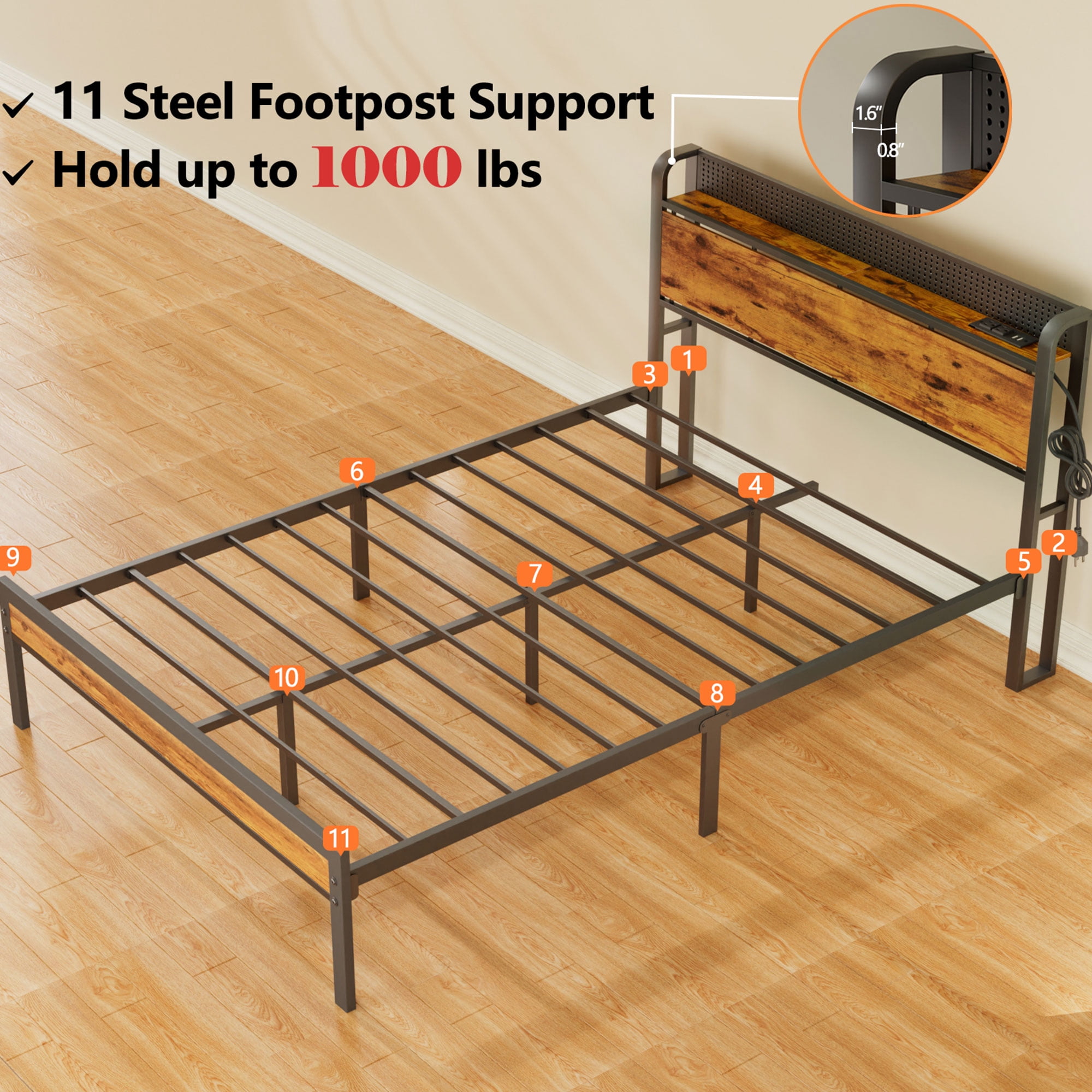 Furnulem Queen Bed Frame with LED Lights, Storage Headboard with Charging Station & USB Port, Metal Mesh Platform Bed Frame with 1000lbs Support, Noise Free