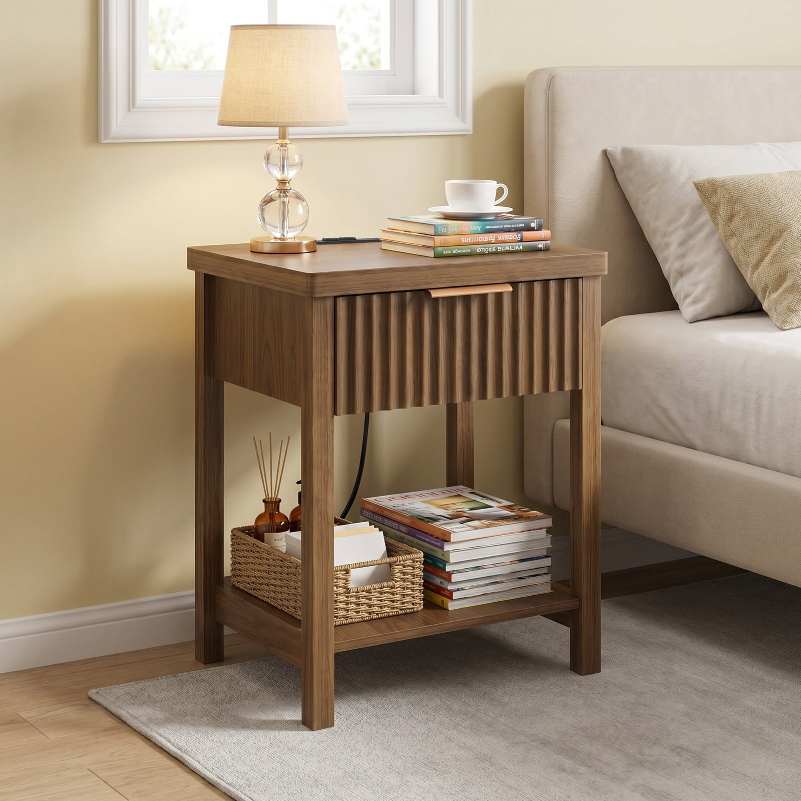 Hommoo Fluted Wood Nightstand Set of 2 with Built-in Charging Station, Storage Drawer & Open Shelf, Modern Bedside Table for Bedroom, Living Room & Small Spaces, Walnut