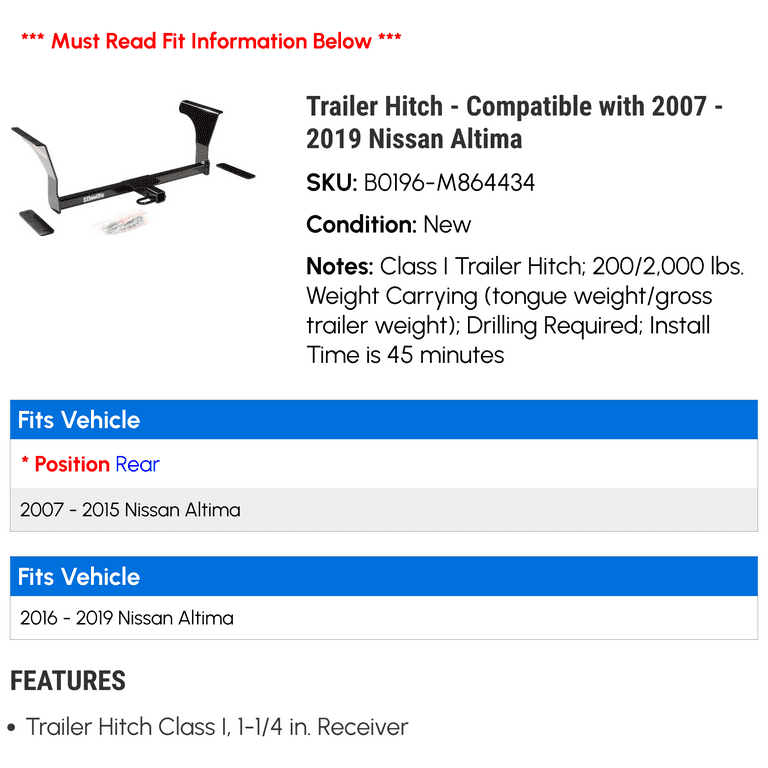 Trailer Hitch Compatible with 2007 2019 Nissan Altima 2008 2009 2010 2011 2012 2013 2014 2015 2016 2017 2018