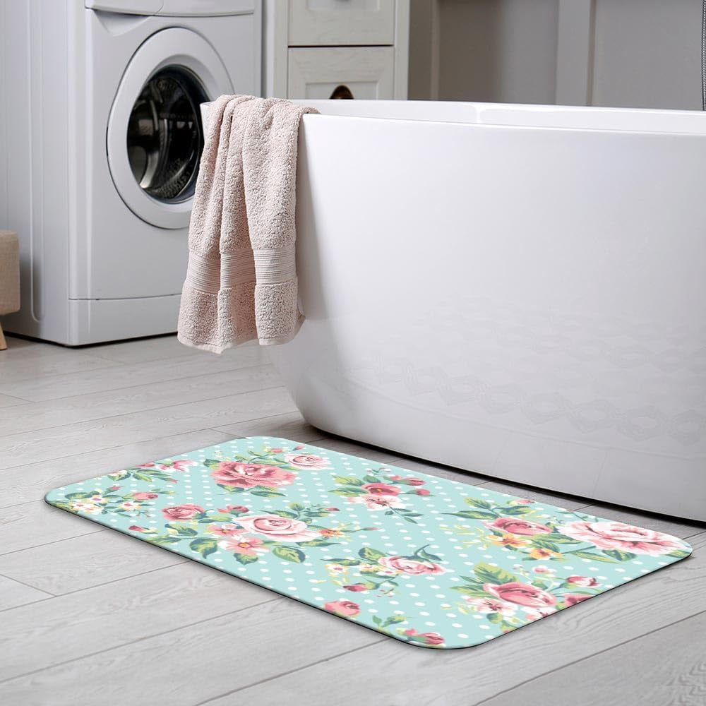 Wallpaper Vintage Pink Flower Pattern Bath Rugs 16x24 Inch Non Slip Bath Mat Quick Dry Absorbent Thin Bath Rug Fit Under Door Washable Bath Floor Rugs for Bathroom Bathtub Shower Sink,Multi 4