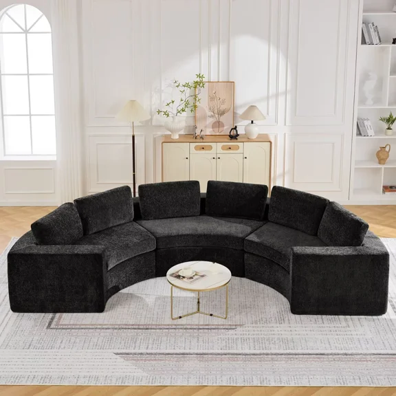 HASLE 139'' Curved Round Boneless Couch, Oversized Cloud Sofa with Deep Seat & Arms, Chenille Modular Sectional Sofa with Pillows, Upholstered Comfy 6 Seat Couch for Living Room, Black