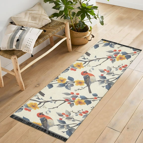 Ryvnso Birds on Tree Pattern Bedroom Runner Rug 2'x6' Hallway Area Carpet Non Slip Entryway Mat with Tassels