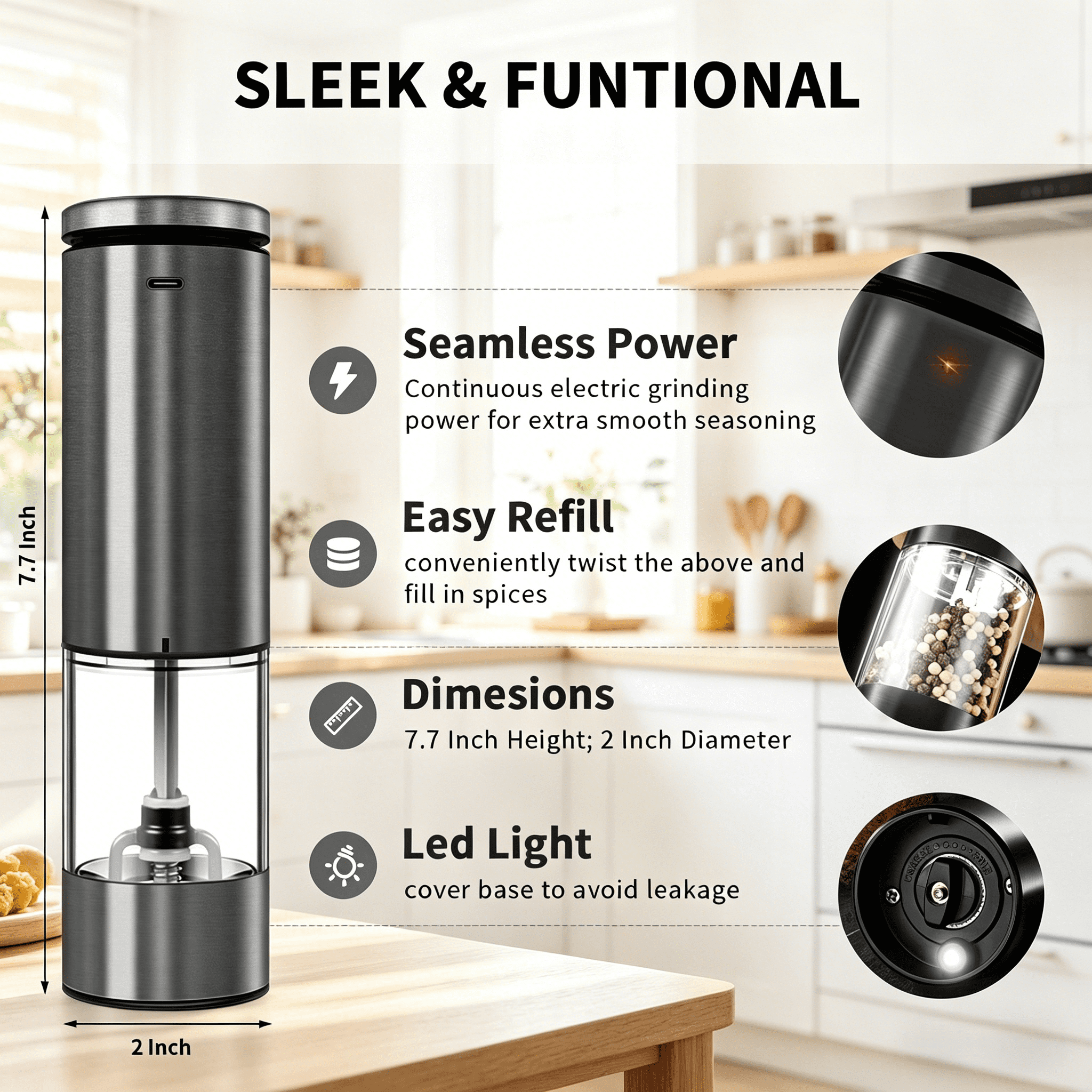2PCS electric salt and pepper grinder - USB powered, one handed operation, suitable for giving Christmas, birthday, and New Year gifts, suitable for kitchen and restaurant supplies