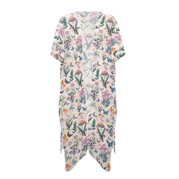 HELLHERO Mushrooms, Flowers, Butterflies Bathing Suit Cover Up Polyester Comfort Half Sleeve Free Size Long Kimono Swimsuit Cover Up for Women