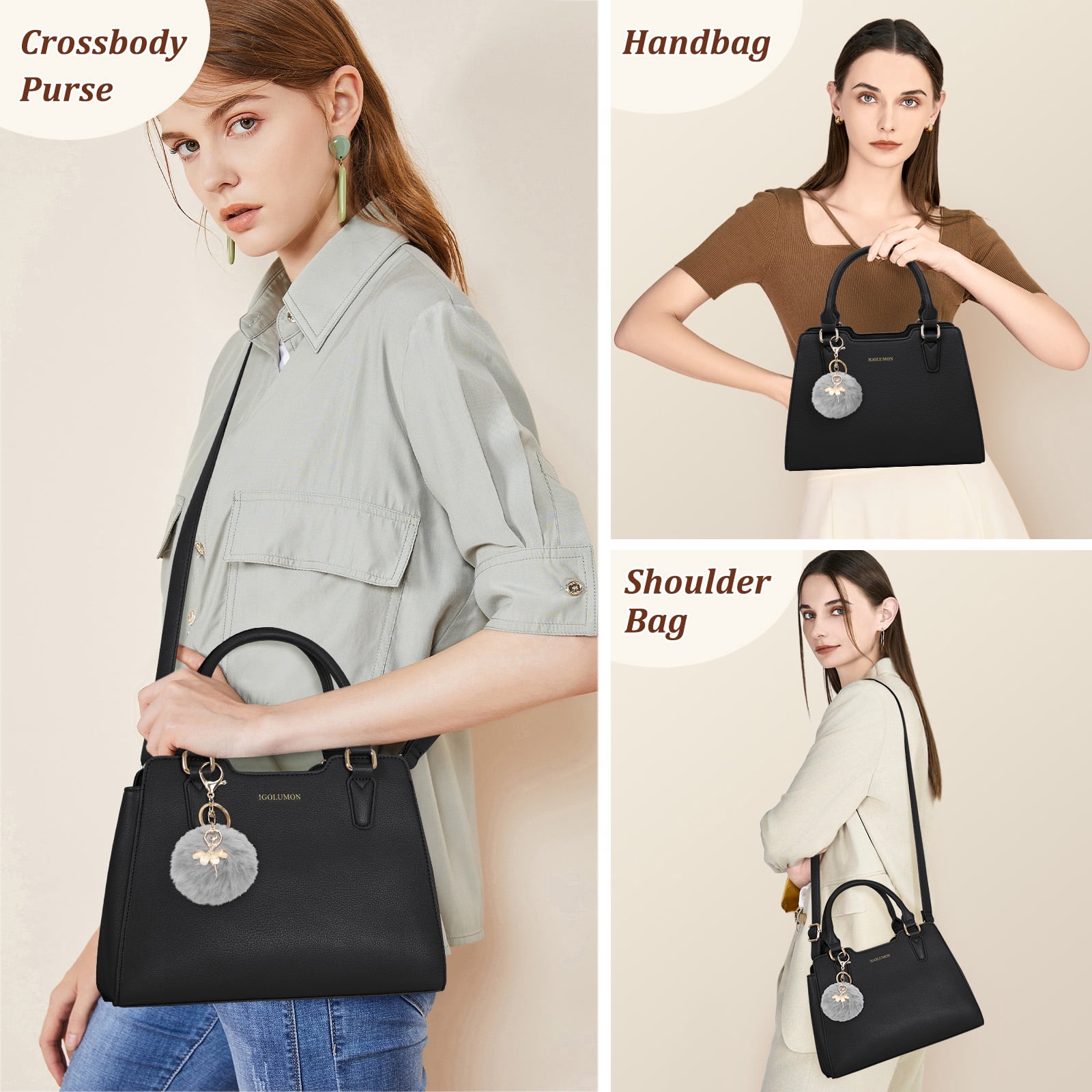 Women's Top Handle Handbag Classic Small Crossbody Bag Leather Tote Purse with Cute Pompom Designer Hobo Purse, Black