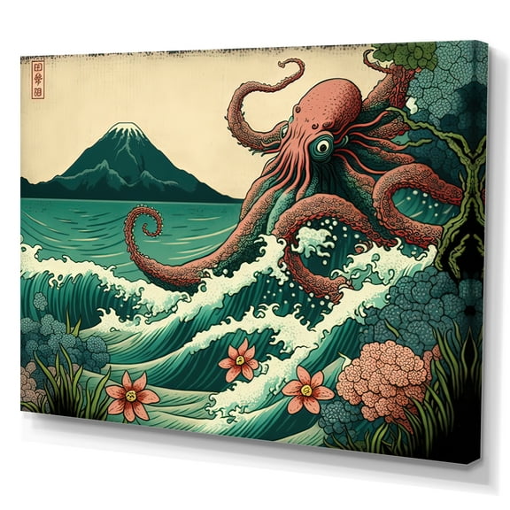 Designart Japanese Landscape With Octopus I Canvas Wall Art