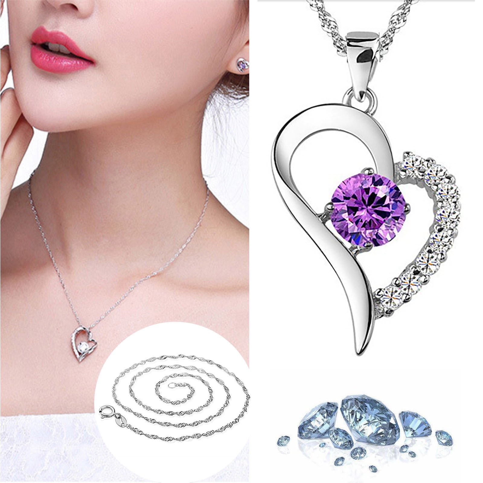 Fashion Girl Womens Gemstone Chain Crystal Heart Necklace Pendant Jewelry Gift