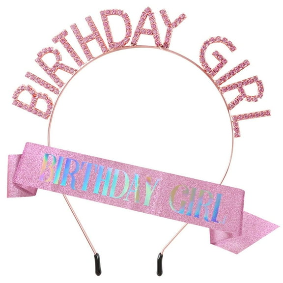 FGY 2 Pack Birthday Sash and Crown for Woman Pink Birthday Girl Tiara Sash Parties Accessories Set