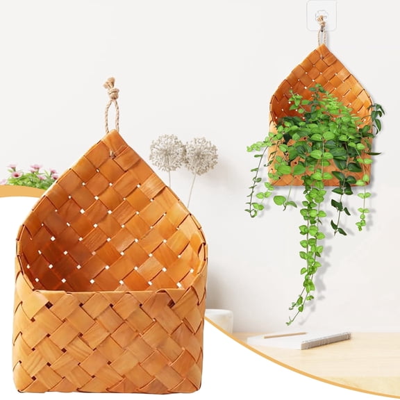 Violete Wooden Wall Basket Storage Box with Leather Handle | Desktop Fruit Snack Organizer | Woven Craft Decorative Container for Home | Rustic Natural Design | Multi-Purpose Small Item Holder