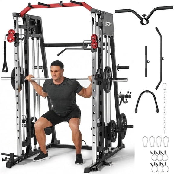 GARVEE All in One Smith Machine Home Gym,2200lbs Squat Rack with Weight Bar,Dual LAT Pull-Down Systems & Cable Crossover Machine,Red & Black