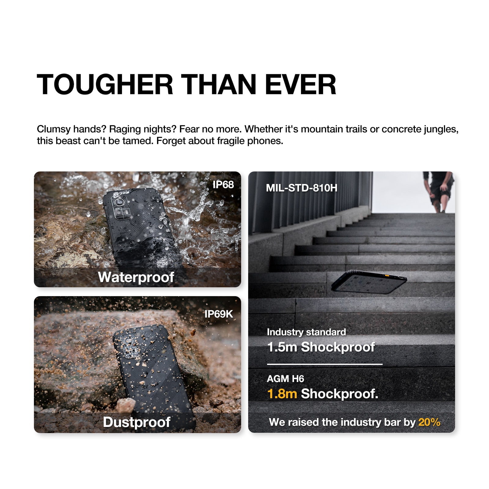 AGM H6 Lite Rugged unlocked cell phones, Ultra-Thin 10.75mm, Rugged Smartphone, 16GB RAM (4+4) + 128GB ROM, Android 13 T-mobile Phone, 6.56-inch 90Hz Display, IP68/IP69K, 4G Double SIM/NFC/GPS