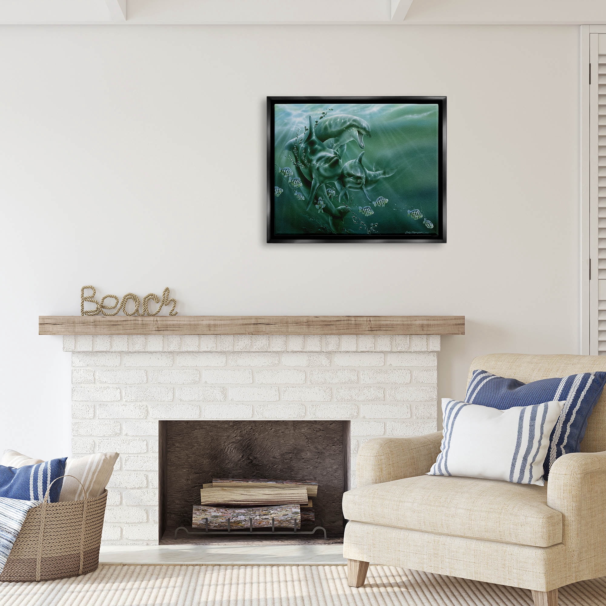 Stupell Industries Underwater Dolphins and Fish Coastal Painting Black Floater Framed Art Print Wall Art