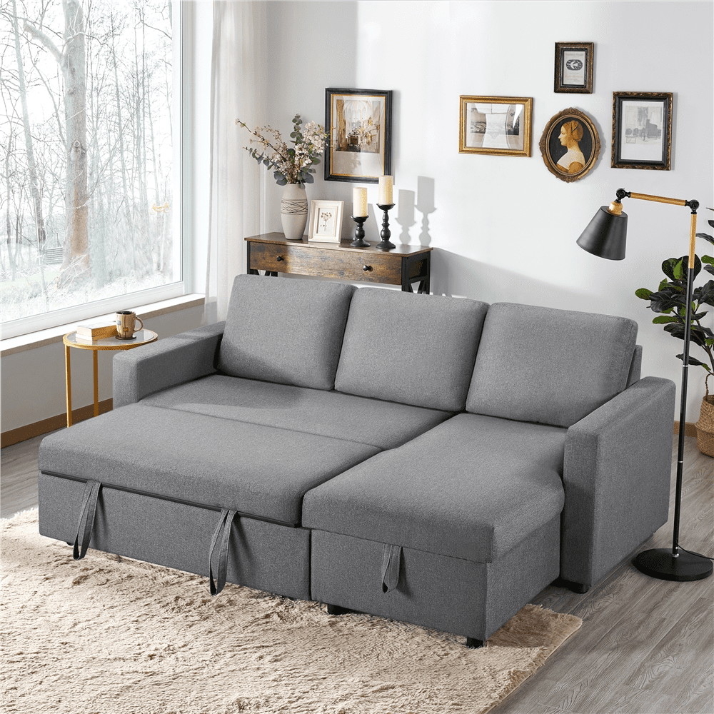 Renwick L-Shaped Reversible Sleeper Sectional Sofa with Chaise and Storage, Light Gray