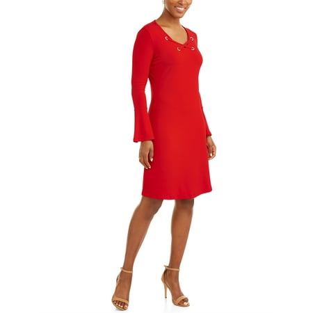 Metal Lace Dress - Women's Lace Up Dress with Flare Sleeve