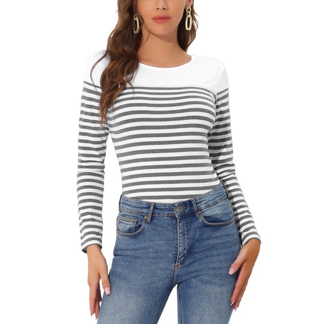 BLUSA DE MUJER INSPIRE CHIC T-SHIRT CASUAL DE MANGA LARGA A RAYAS EN BLOQUES DE COLOR M BLANCO GRIS