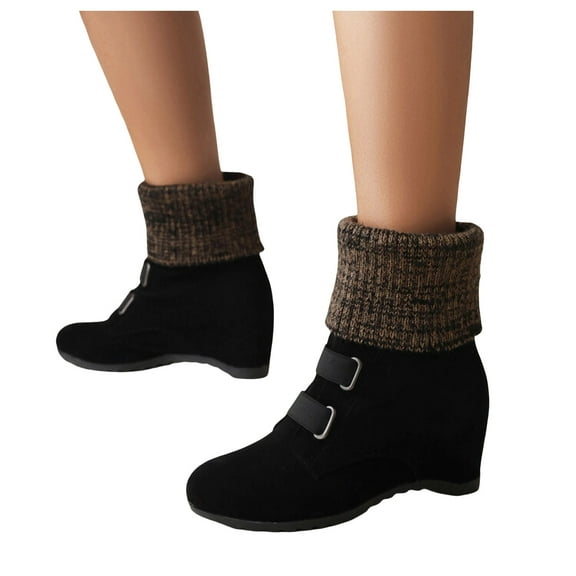 Dress Combat Boots for Women with Hidden High Heels Vintage Fall Winter Suede Knit Wedge Mid Calf Ankle Booties