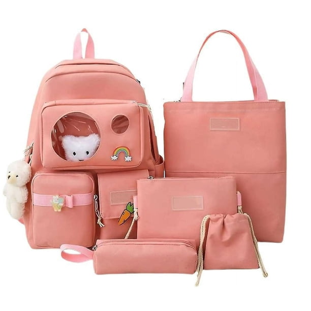 Set de Mochila Estilo Coreano 5 en 1 - Mochila con Ventana Transparente y Accesorios Incluidos- Color rosa