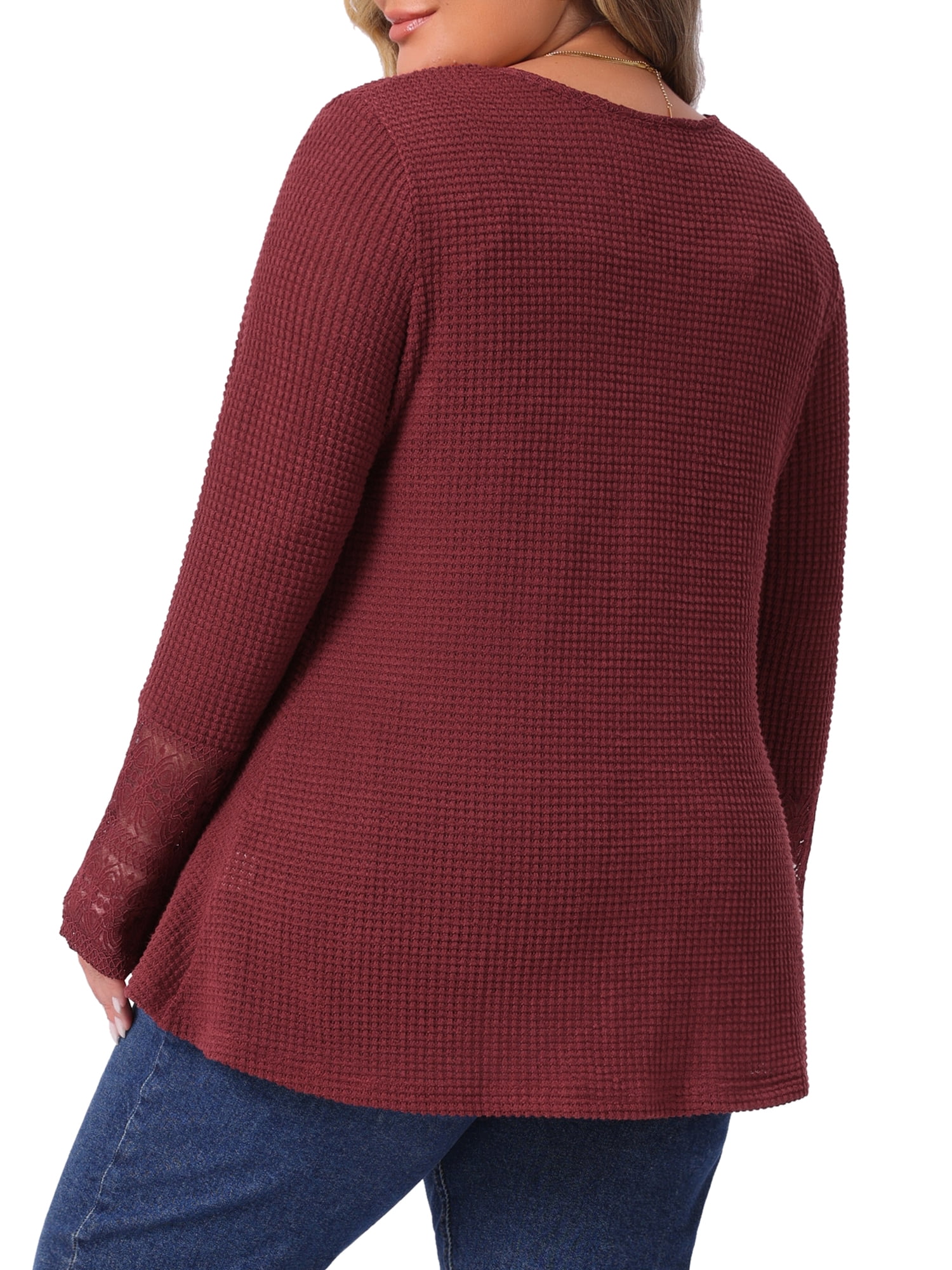 DARING DIVA Women's Plus Waffle Knit Tops V Neck Lace Patchwork Blouse 3X Brown Red