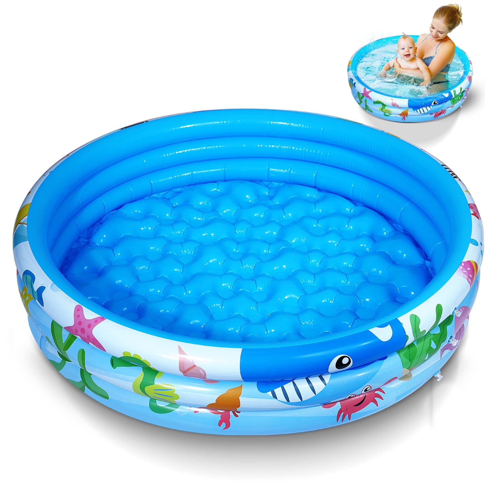 iBaseToy Kiddie Pool 47x 11 Kids Swimming Pool with 3 Rings Round Inflatable Baby Orange Cartoon Pool for Indoor Outdoor Garden Backyard 