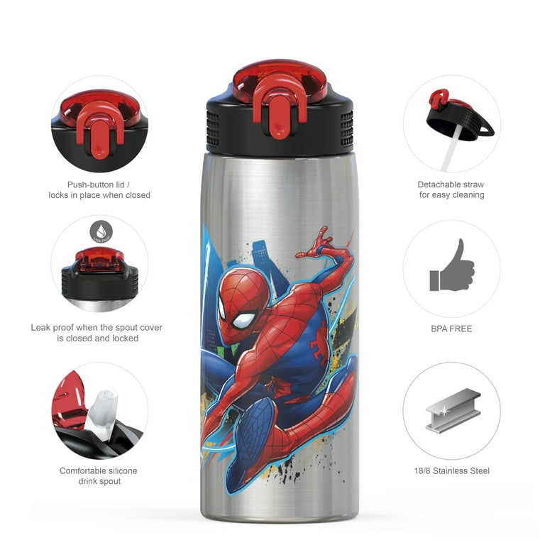 Zak Designs 27oz Marvel 18/8 Single Wall Stainless Steel Water Bottle with Flip-Up Straw Spout and Locking Spout Cover, Durable Cup for Sports or