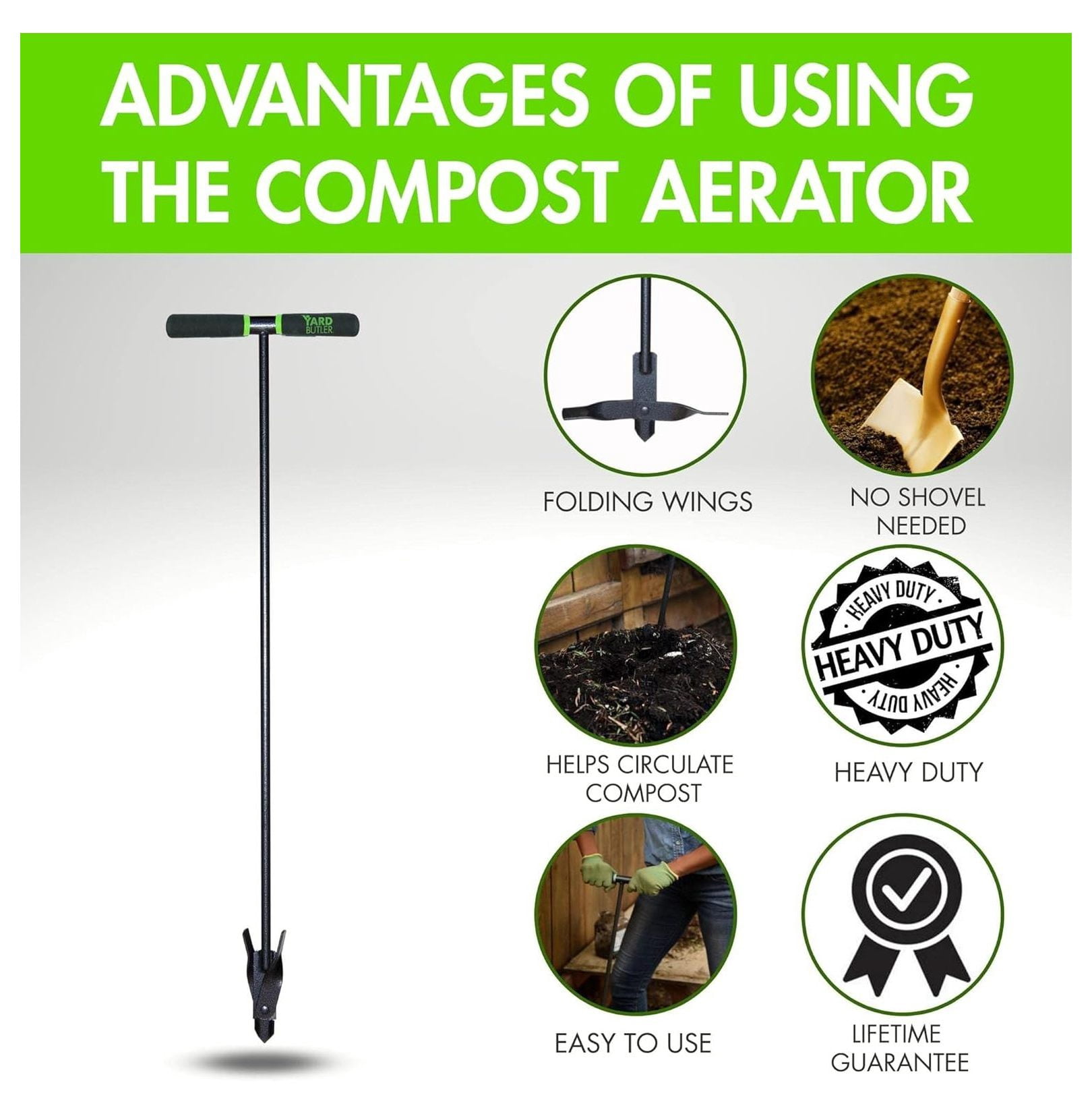ICA-36 Compost Aerator - Lawn Care Tool for Aerating - Long-Handled - Power-Coated Steel Construction - Comfortable Cushioned Handles Garden Tool - Easy to Use