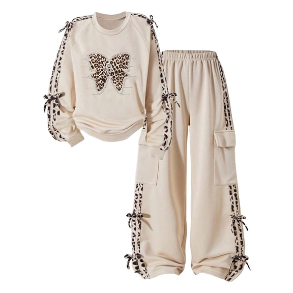 Mnyotv Girls Clothes 2 Piece Fall Winter Outfit Set Bow Long Sleeve Top and High Waisted Wide Leg Pants Size 11-12 Years