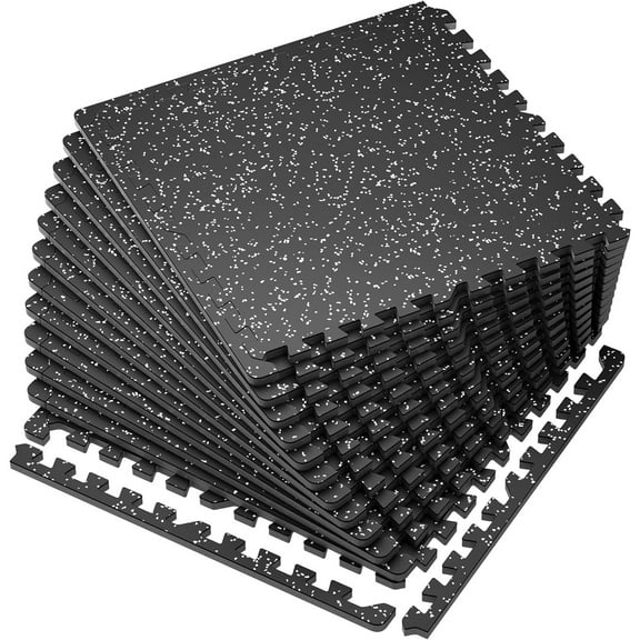0.56'' Thick 12 Pcs 48 Sq Ft Rubber Top Exercise Equipment Mats, High Density EVA Foam Mats with Rubber Top, Interlocking Gym Flooring for Home Gym, Protective Workout Mat, Black/Grey