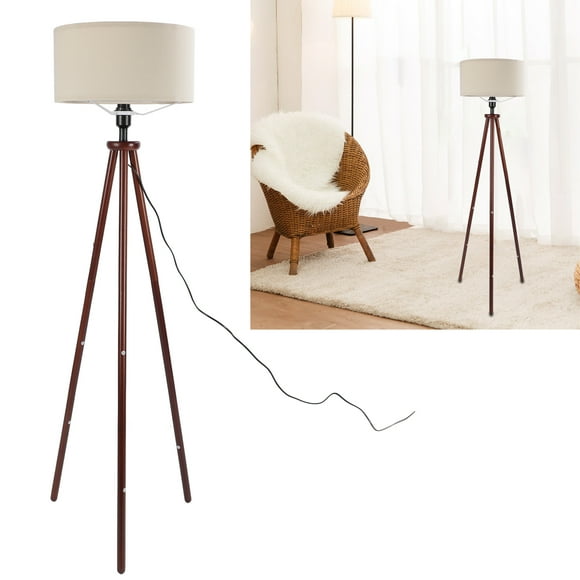 Wooden Tripod Floor Lamp with Flax Lampshade, Modern Design, Foot Pedal Switch, Standing Lamp for Living Room Bedroom, Reading Standing Lamp