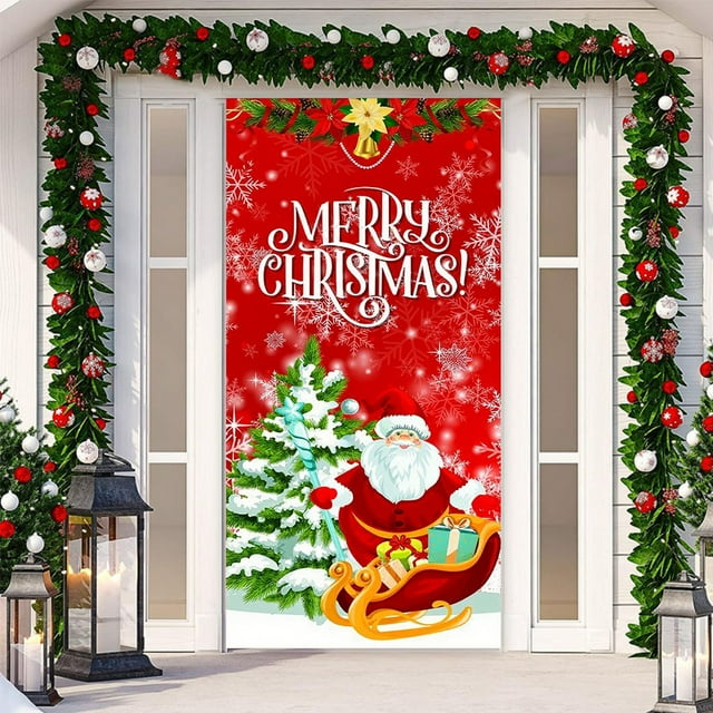 Cortina navideña para puerta con banderín, foto de Papá Noel y cachorro, decoración de fondo para colgar en tela