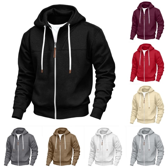 Vetsdori Winter Sweatshirts for Men Drawstring Comfy Zipper Long Sleeve Outdoor Hooded Trendy Mens Hoodie Solid Color