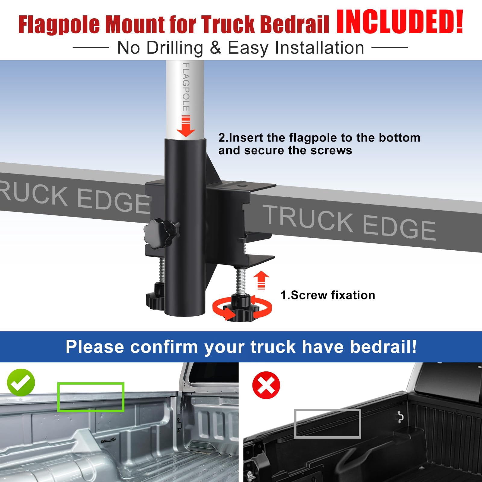 OLIYNEDY Truck Flag Pole with Mount for Truck Bed, 5ft Metal Flagpole for Car, Pickup, Jeep, Heavy Duty Flag Pole Kit with Holder, Tri-color