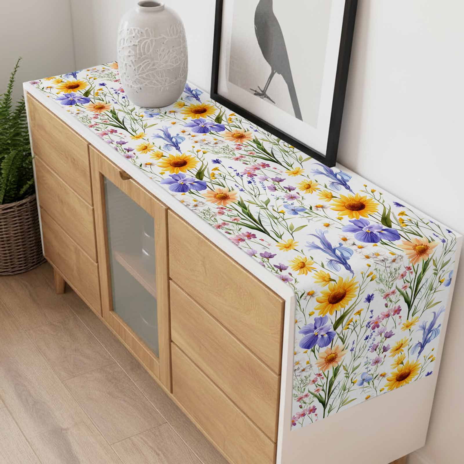 Wildflowers Table Runner 13x120 inch Spring Summer Cotton Linen Dining Table Runner Ideal for Dresser Kitchen Coffee Tables - Machine Washable
