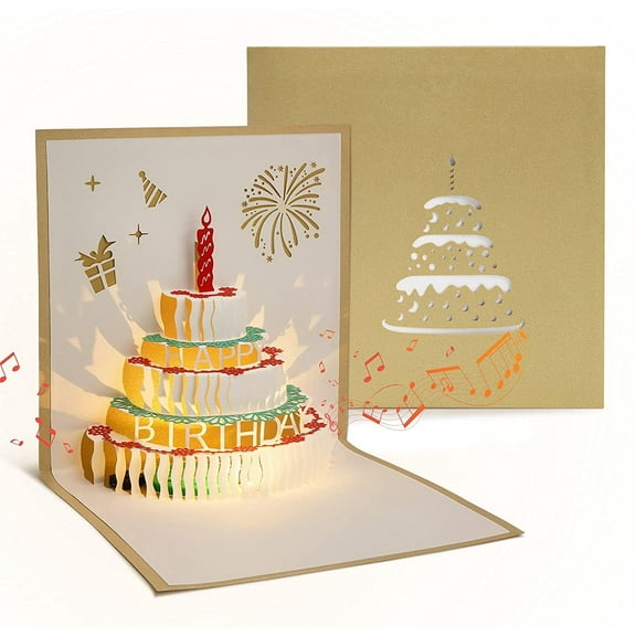 DISEN Musical Birthday Greeting Card Birthday Invitation Gift Card Girl Man Boy Woman 3D Pop Up with Envelope, Gold