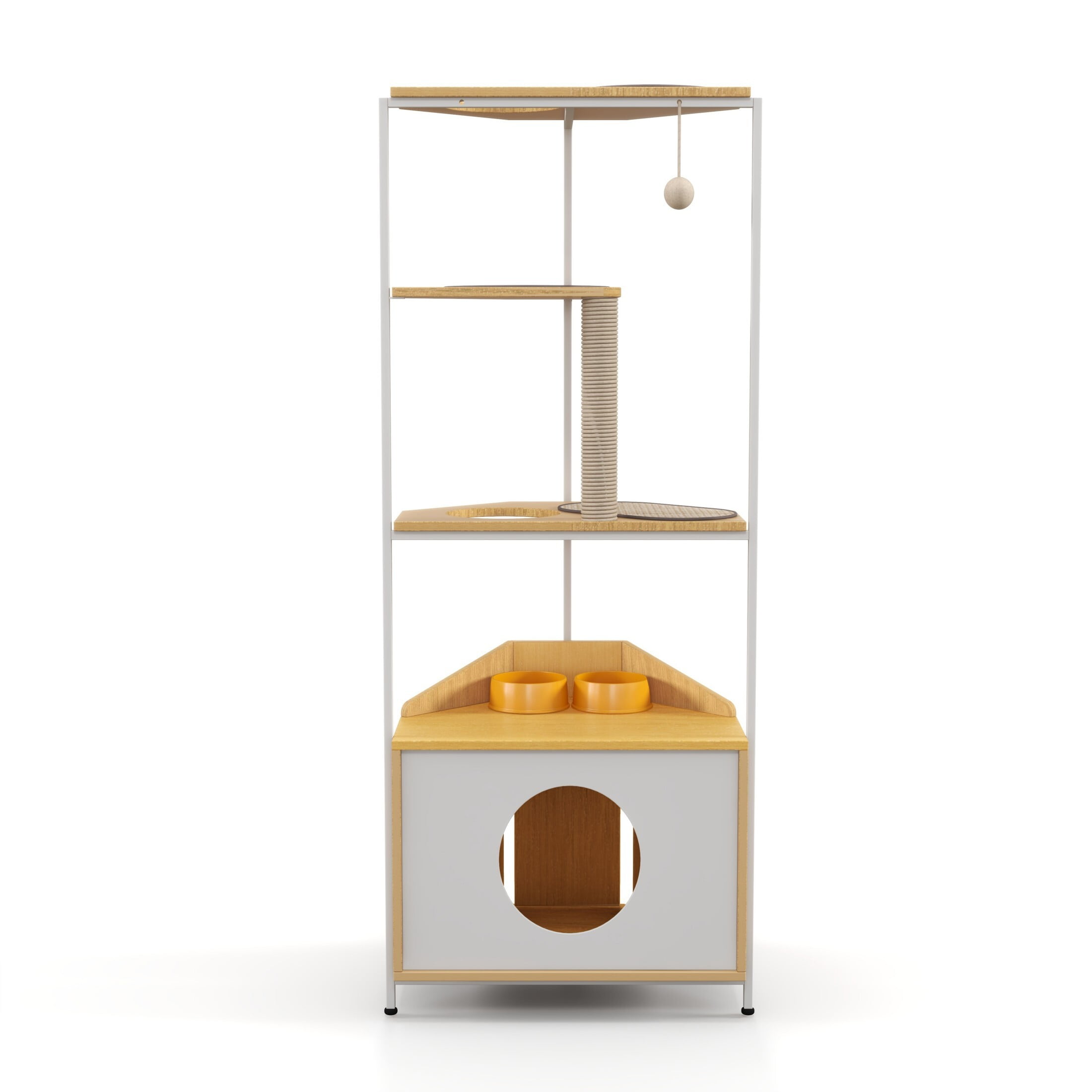 AENKYO 58.27 inch Indoor 5-level Cat Tree with Cat Nest and 2 Bowls, Cat Tower with Sisal Scratching Post, Light Oak