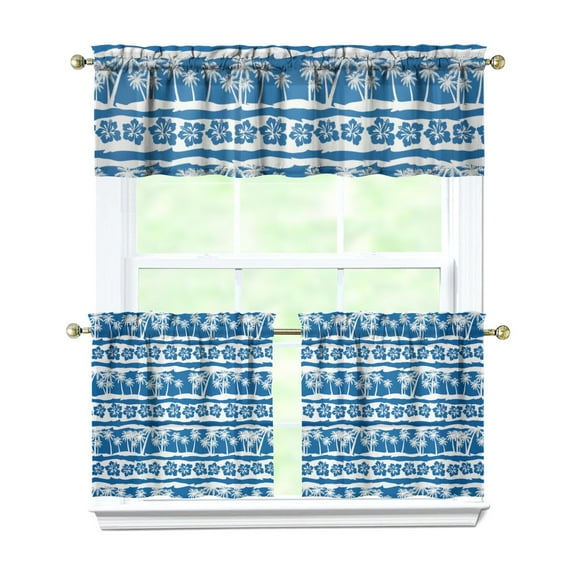 Ocean Sunset with Palm Trees Kitchen Curtains - 3-Piece Set (54x18   2x27.5x24 Inch), White Semi-Sheer Tier & Valance, Rod Pocket Farmhouse Window Panels for Minimalist Decor
