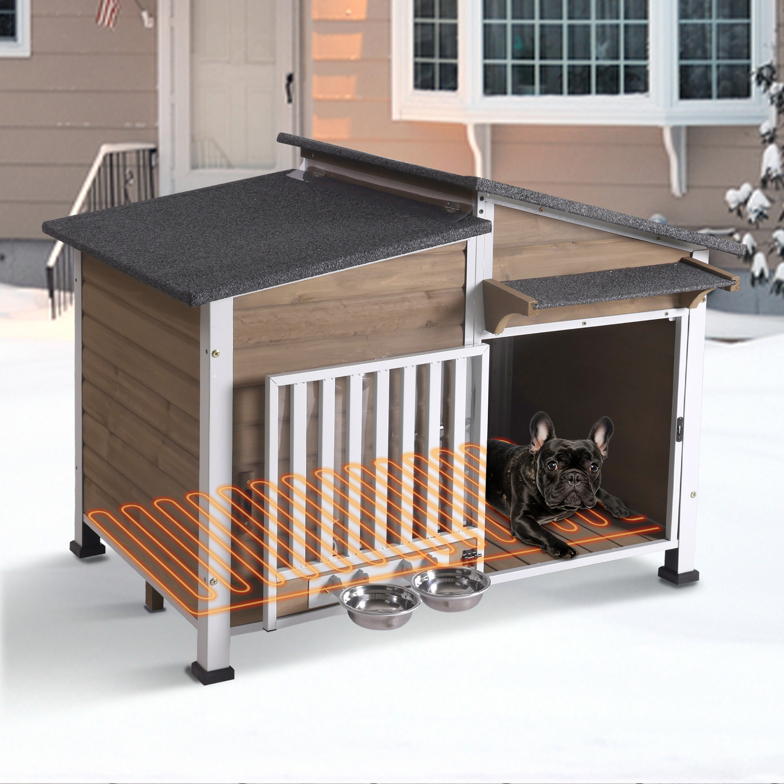 Aivituvin Heated Dog House with Heating Pad & Anti-Chewing Metal Frame, Insulated Wooden Dog Kennel with Unique Design Roof, Weatherproof Dog House for Indoor & Outdoor Use, Dark Brown