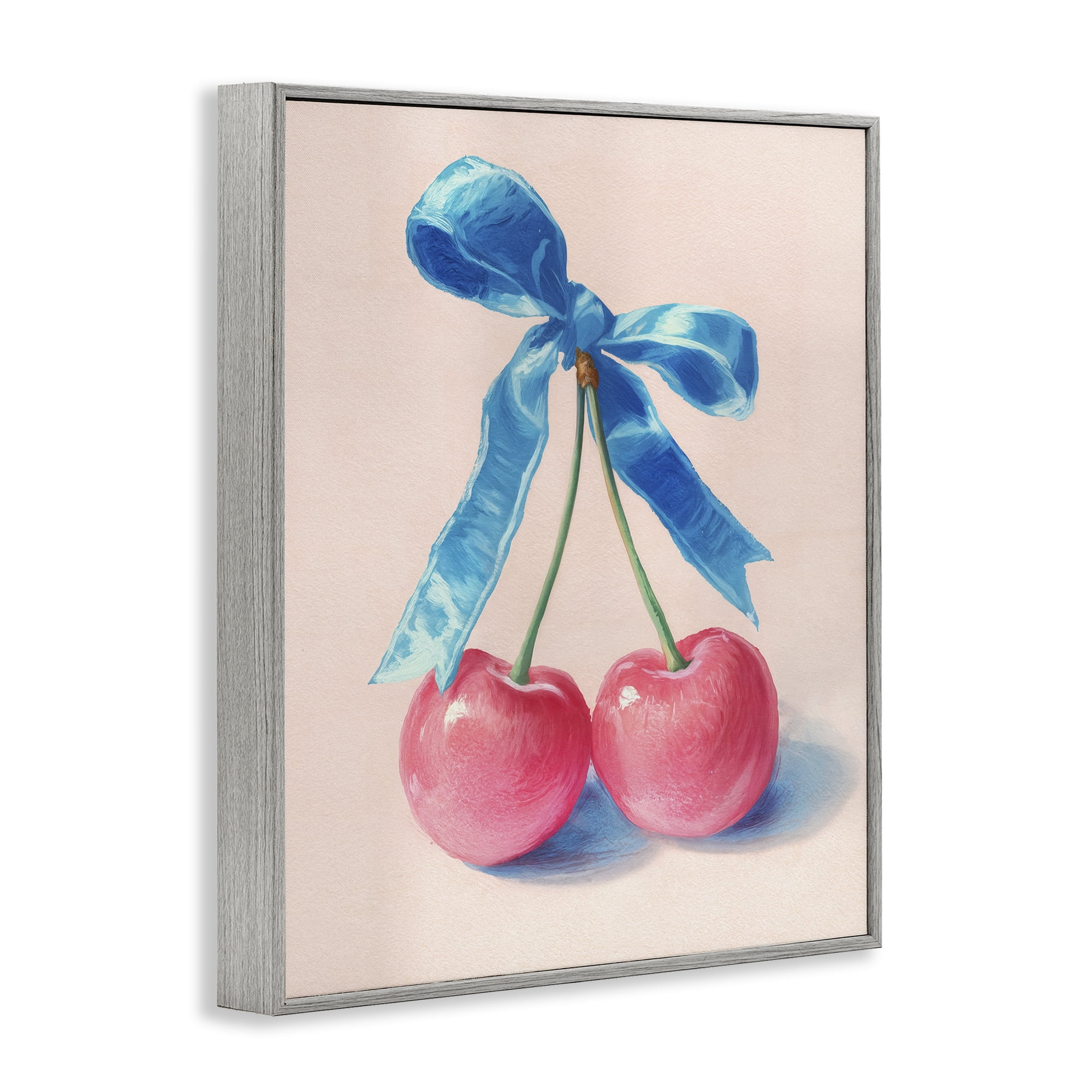 Stupell Industries Twin Cherries with Blue Ribbon Gray Framed Giclee Art, design by Imagine It Images
