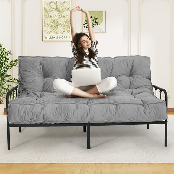 8-inch Futon Mattress Queen Size, Thick Futon Sofa Couch Bed Foldable Floor Sleeping Pad for Adults, Portable Floor Bed Mattress, Velvet Tatami Mat (Frame Not Included), Light Grey