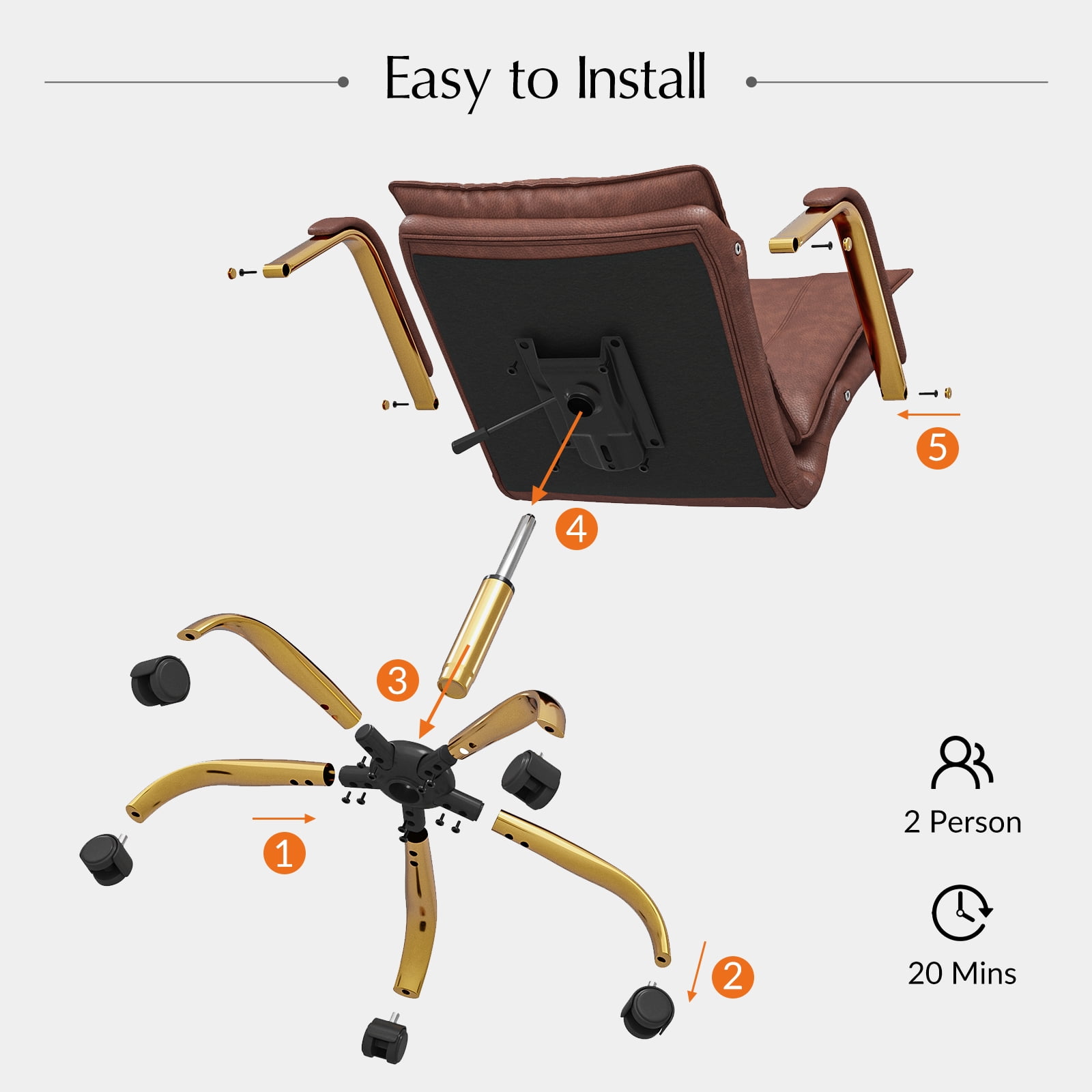 Faux Leather Office Chair Adjustable Swivel Desk Chair with Golden Legs and Arms Upholstered, Brown