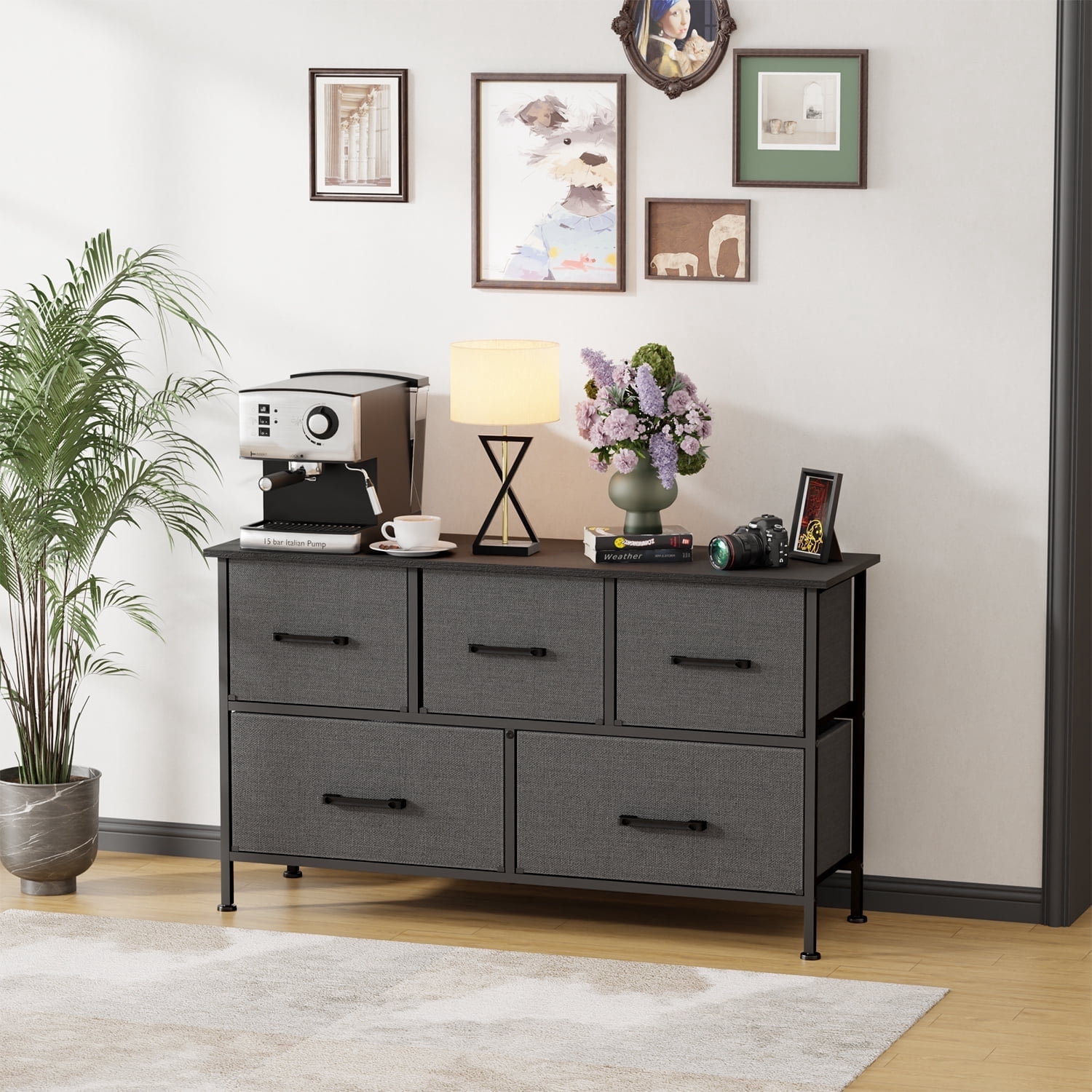 FDW 5-Drawer Fabric Dresser for Bedroom, Gray